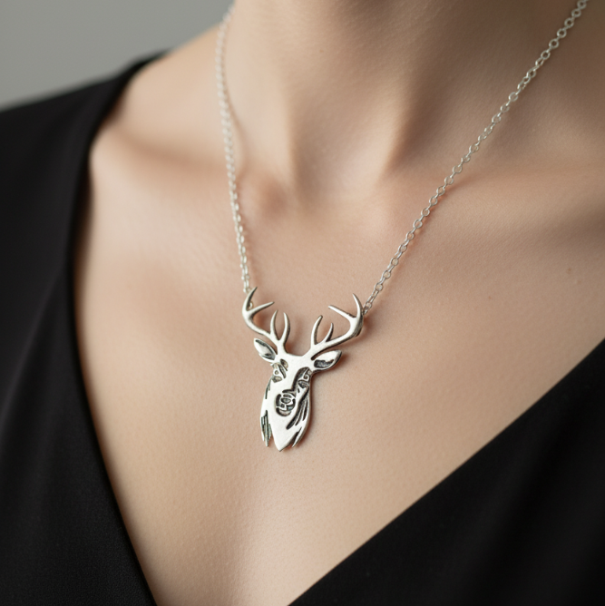 Handmade silver deer head necklace on a person wearing a black top against a neutral background Nottingham