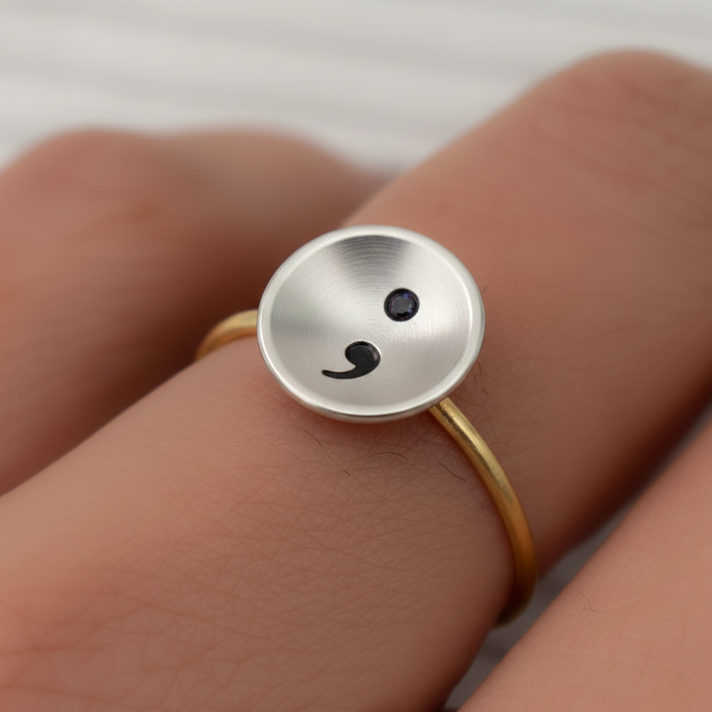 'Strength' Sterling Silver Or Gold Semi-Colon Ring