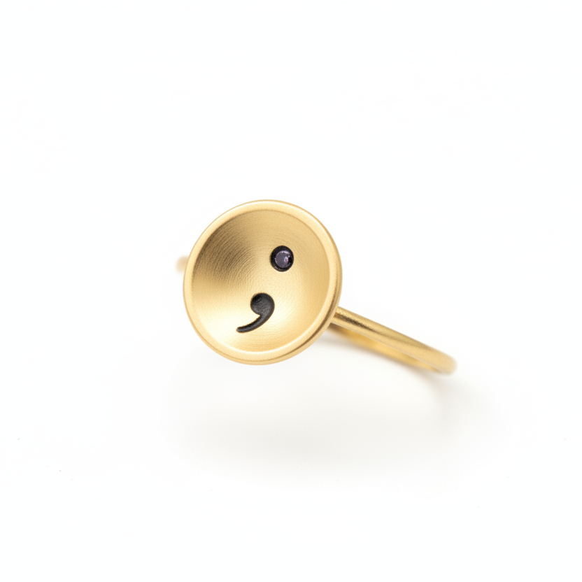 9ct gold ring with a semi colon design on a white background, handmade jewellery Nottingham