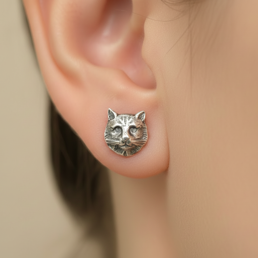 Silver cat shaped stud earring on a person's ear with a neutral background