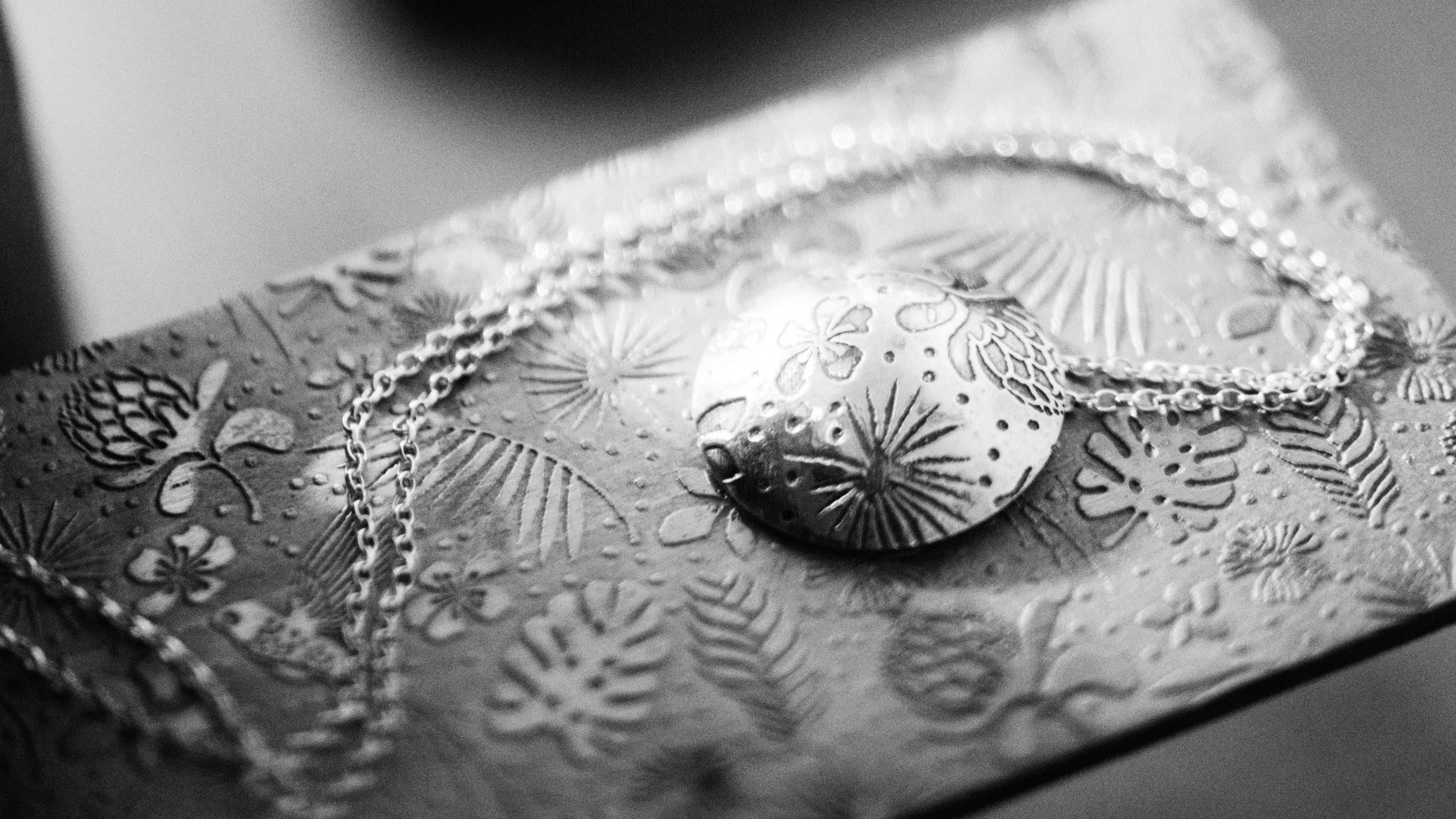 Silver necklace with a round pendant on a hummingbird jewellery texture pattern plate Nottingham