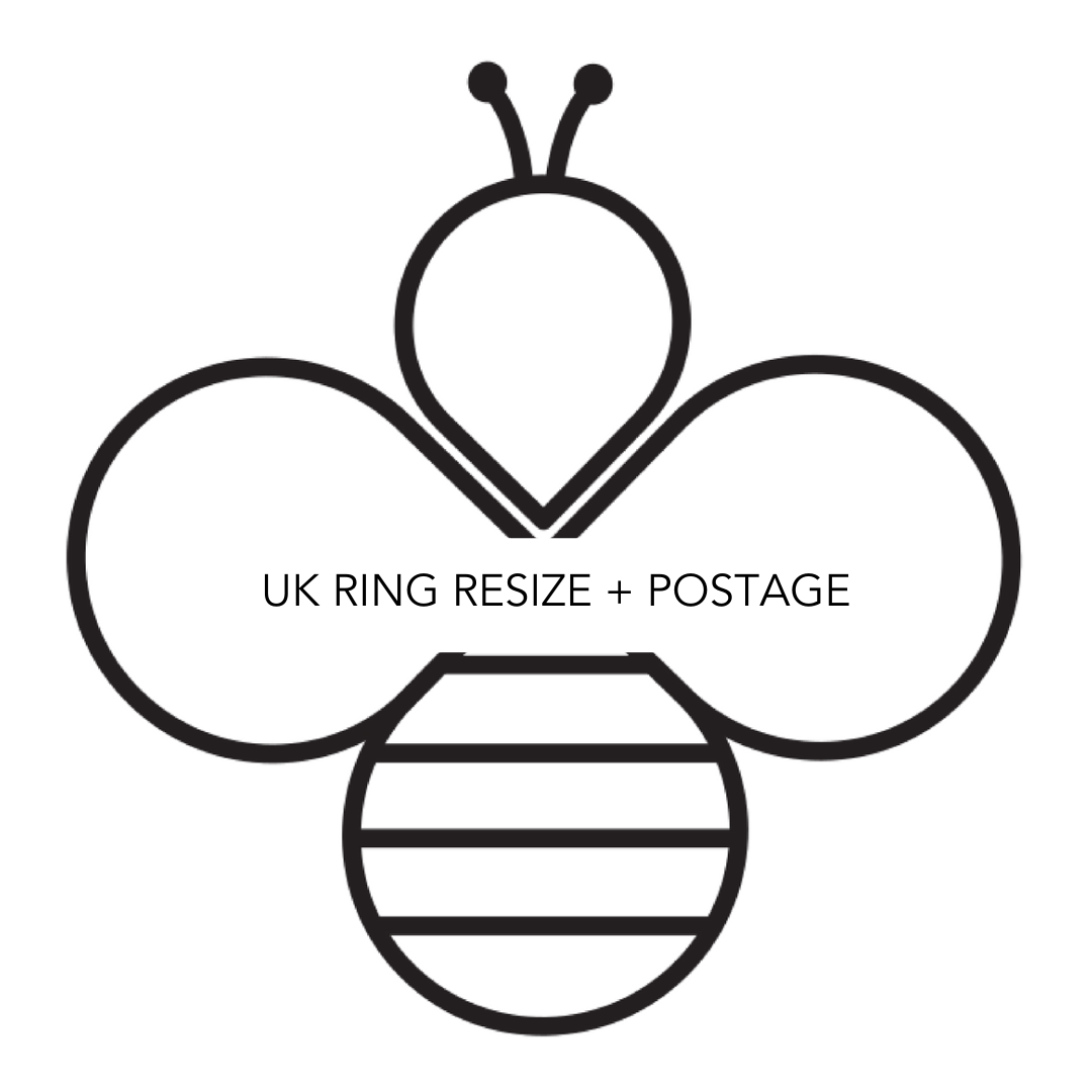 UK ring resize and postage logo for bespoke jewellery handmade in Nottingham by Bottlebee who is a jeweller that makes sustainable silver and gold jewellery