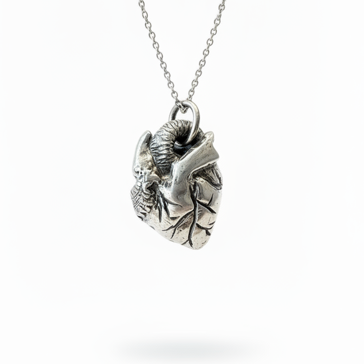 Silver necklace with a heart-shaped pendant on a white background