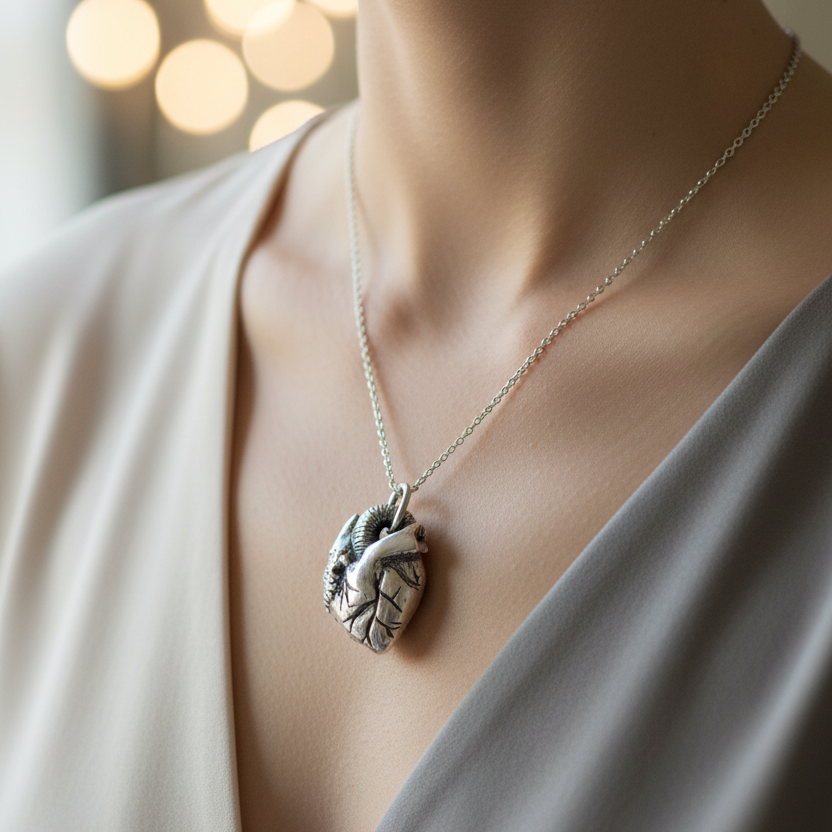Silver necklace with a heart pendant worn by a woman in a grey v-neck top in a softly lit indoor setting