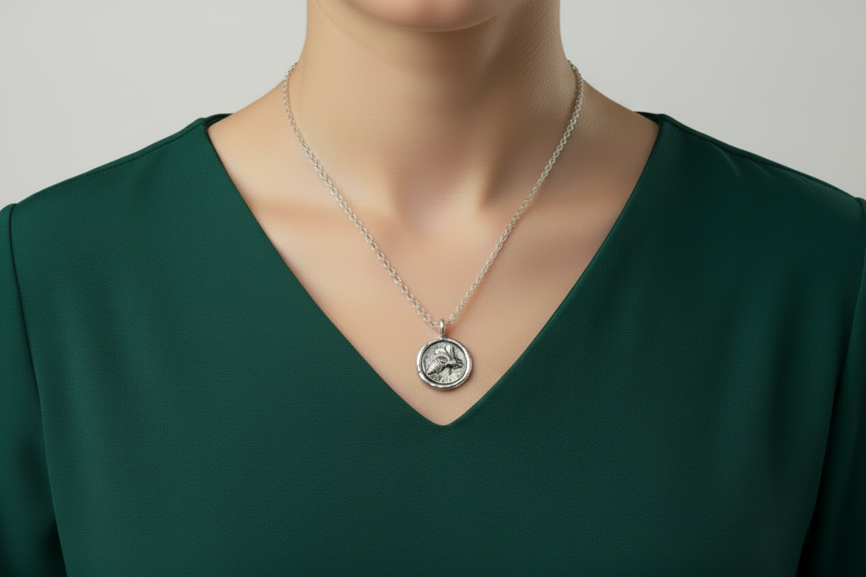 Woman in a green top wearing s handmade silver sustainable necklace made by Bottlebee in Nottingham