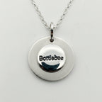 back of sunflower Silver necklace with 'bottlebee' stamped on it to show who made it on a light gray background
