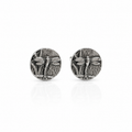 Pair of silver oxidised dragonfly stud earrings on a white background. Jewellery sustainable handmade in Nottingham by small business called Bottlebee