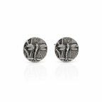 Pair of silver oxidised dragonfly stud earrings on a white background. Jewellery sustainable handmade in Nottingham by small business called Bottlebee