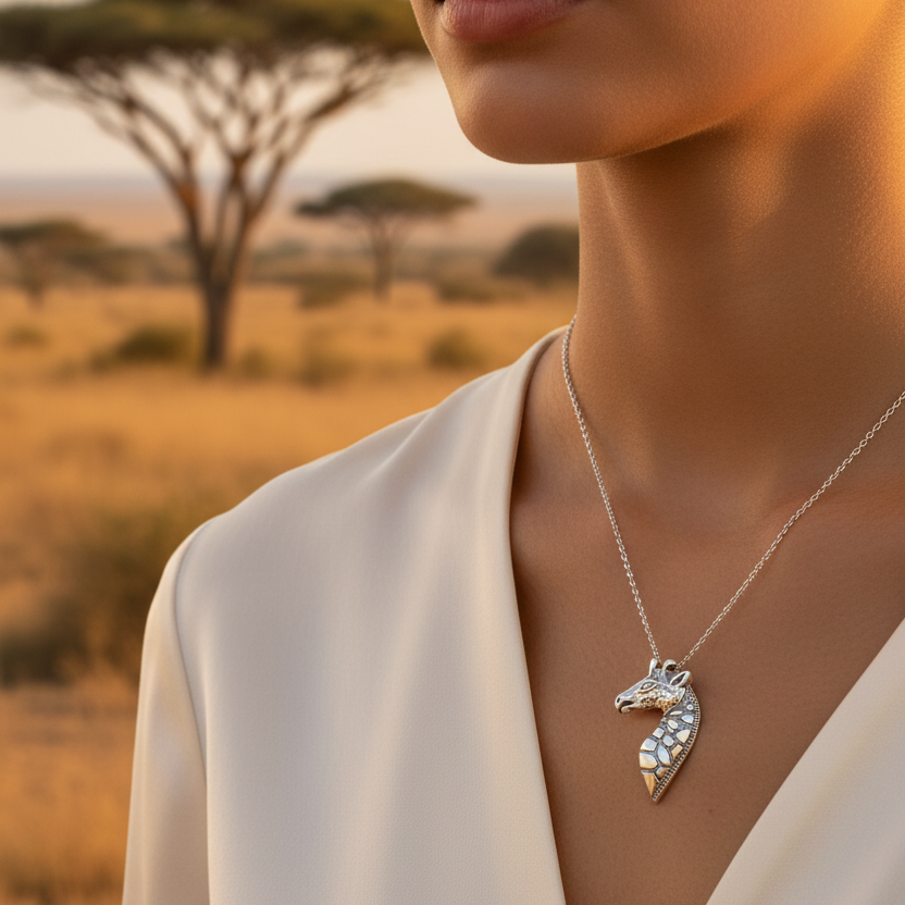 Woman wearing a silver necklace with a sterling 925 giraffe pendant in an African savanna setting