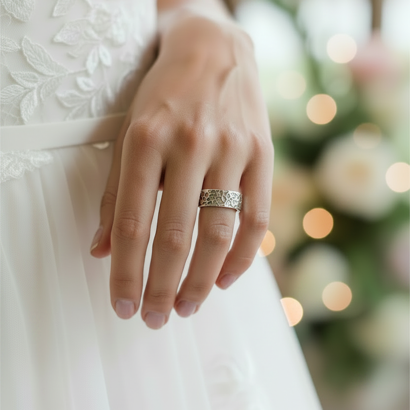 handmade bespoke hammered and oxidised sterling silver wedding ring worn on a bride in a white dress made sustainable in Nottingham