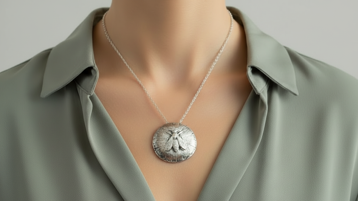 Woman in a green top wearing sustainable jewellery by Bottlebee handmade in Nottingham