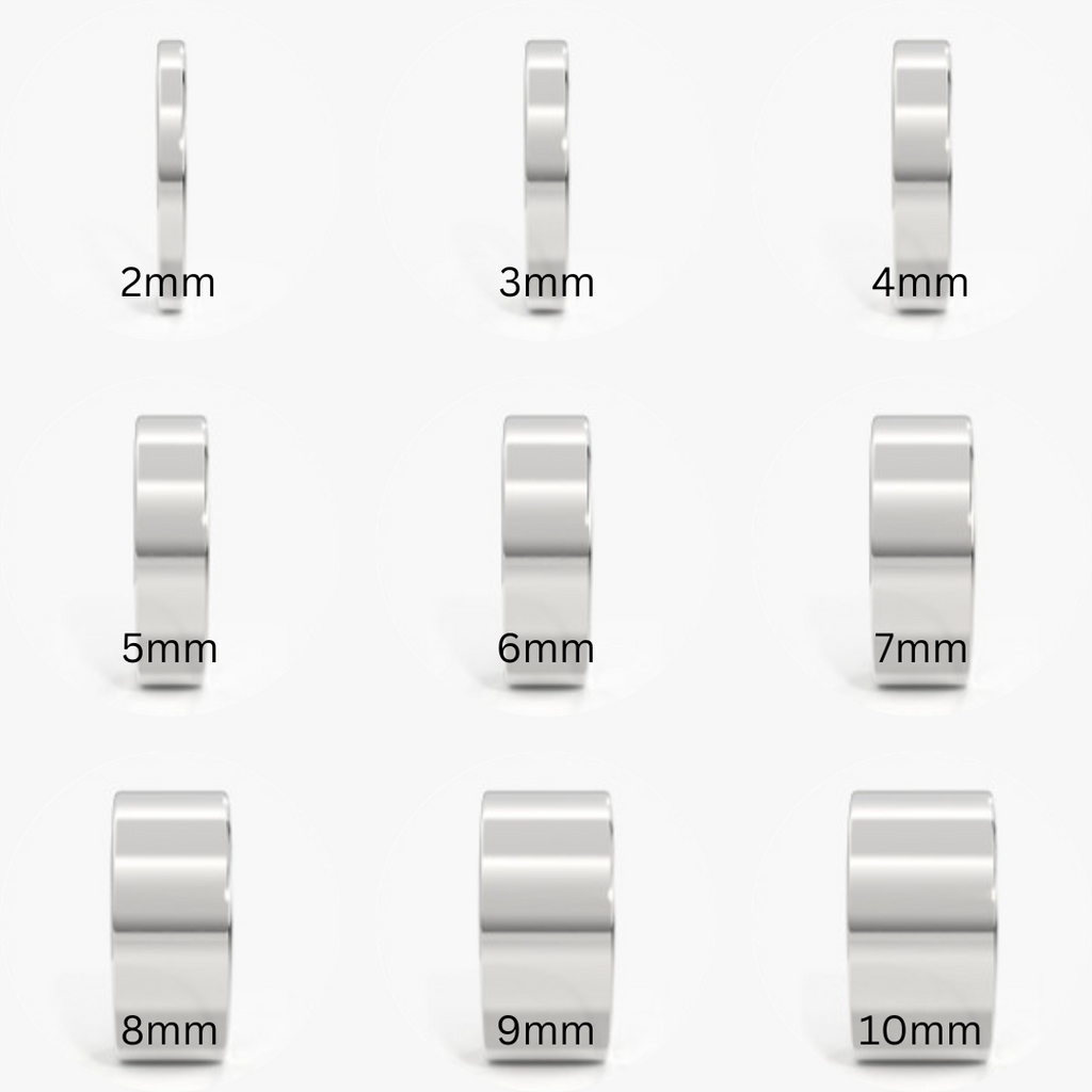 Solid sterling silver wedding ring thickness es ranging from 2mm to 10mm on a while background 