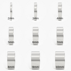 Solid sterling silver wedding ring thickness es ranging from 2mm to 10mm on a while background 