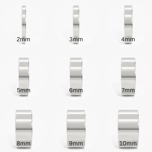 Solid sterling silver wedding ring thickness es ranging from 2mm to 10mm on a while background 