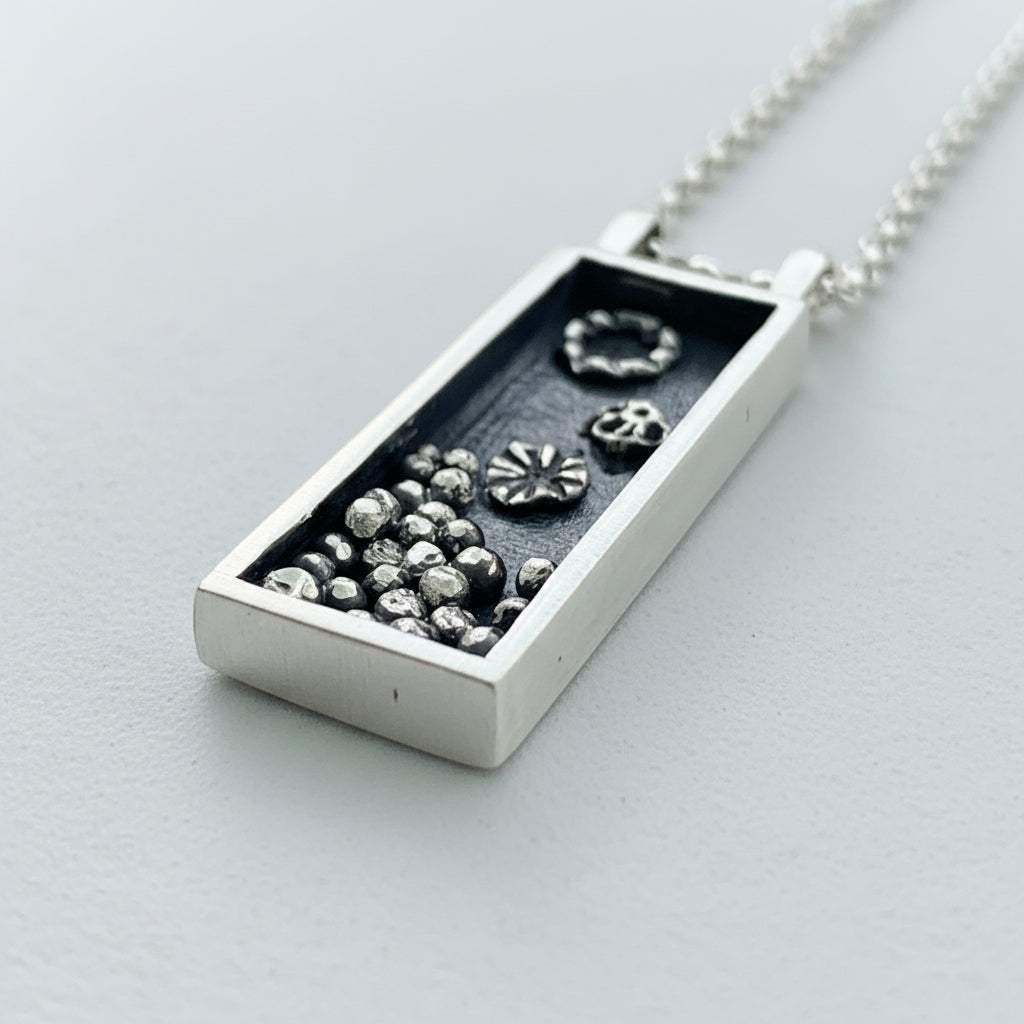 handmade silver box necklace with oxidised accents handmade by Bottlebee in Nottingham
