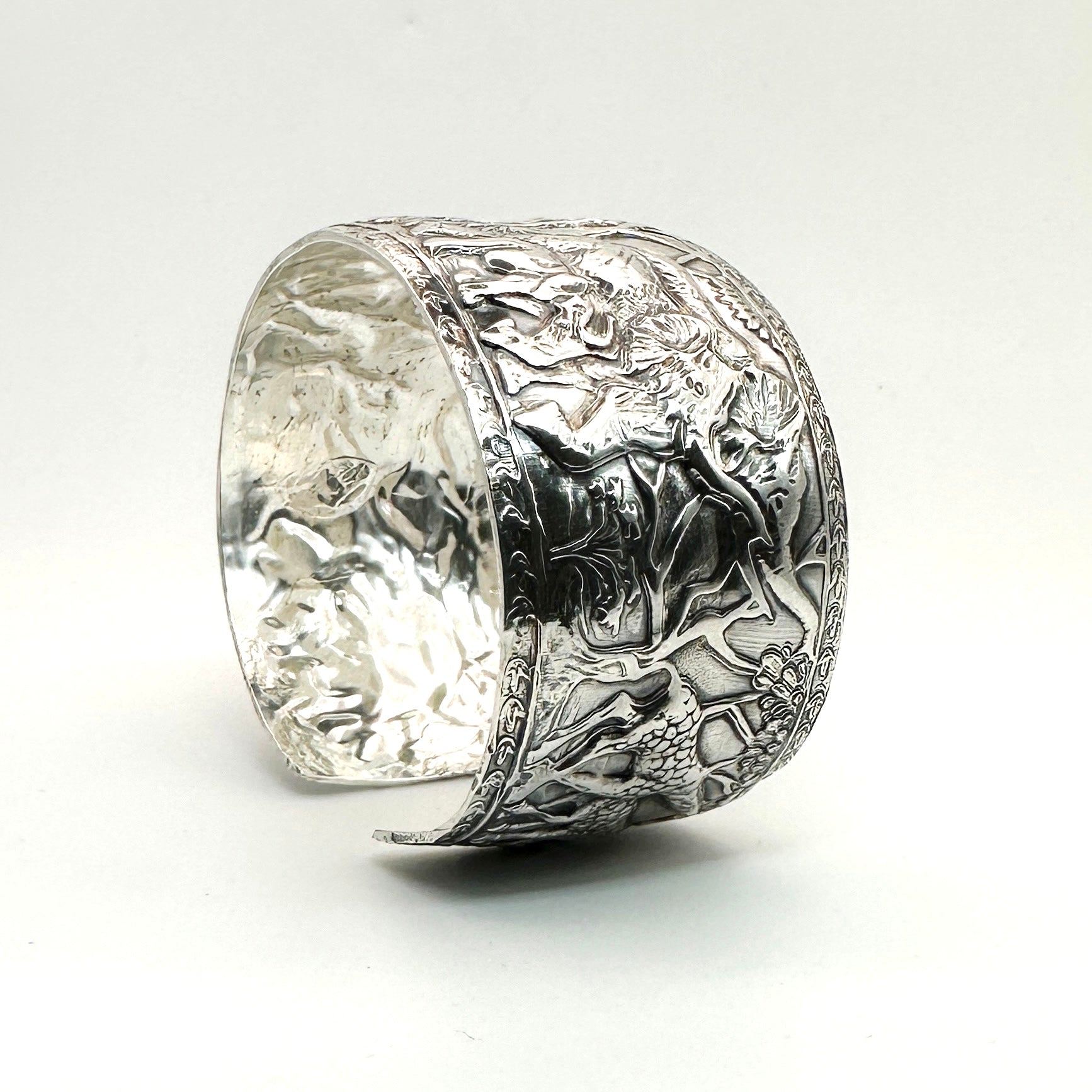 close up of silver safari inspired jewellery cuff handmade by Bottlebee in Nottingham who makes sustainable bespoke jewellery