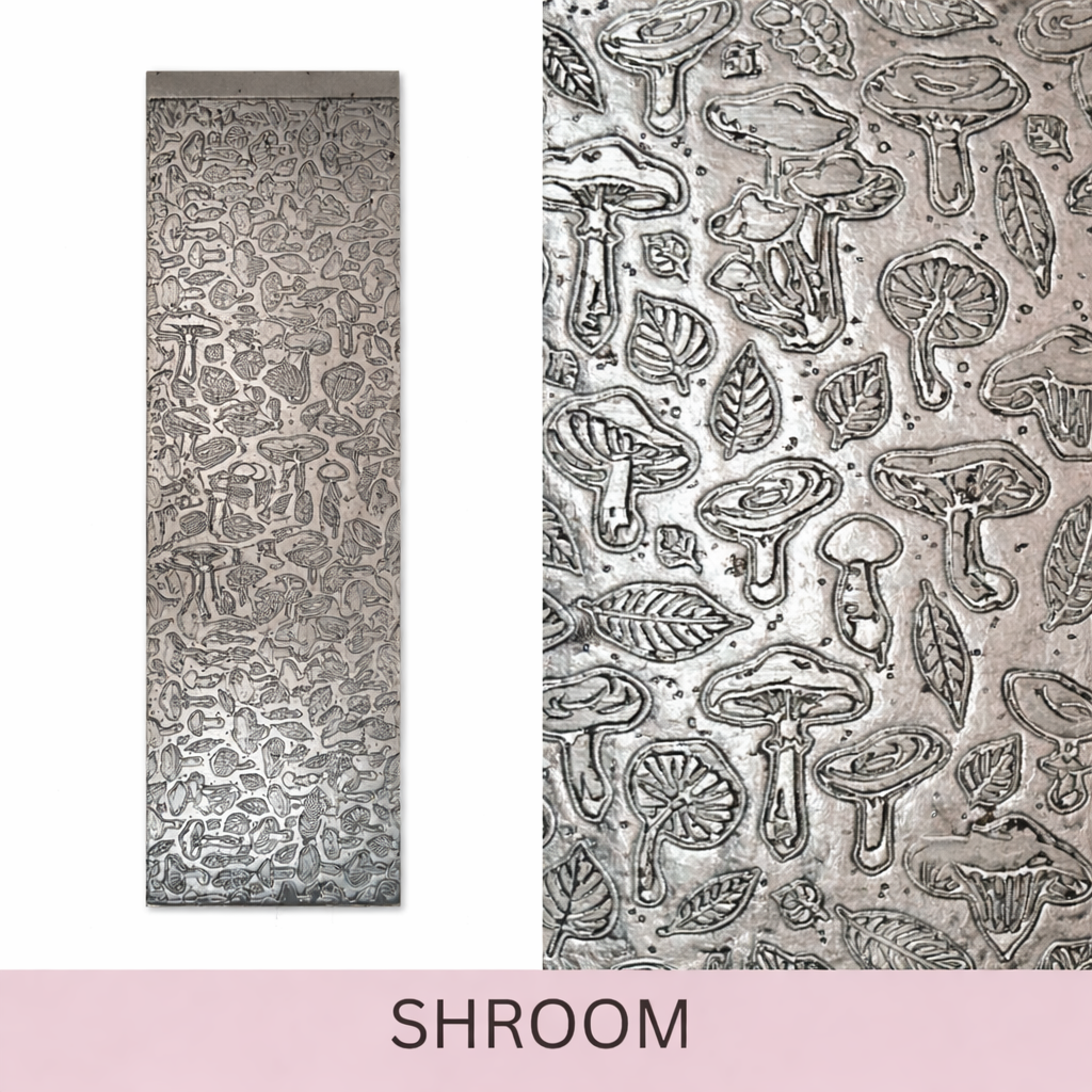 Mushroom steel silver pattern texture plate to make sustainable jewellery in Nottingham by Bottlebee small indipendant business