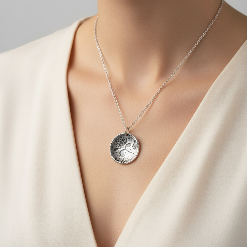 woman in a cream v neck top wearing a handmade sterling silver necklace with a flora design sustainable bespoke jewellery nottingham 