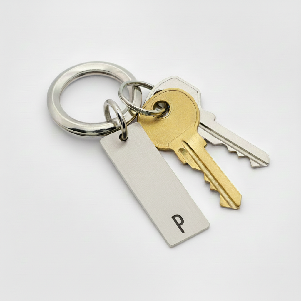 Keychain with keys and a rectangular tag with the letter 'P' on a white background