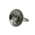 handmade sterling silver ring with mushroom pattern on a white background sustainably made by small business Bottlebee in Nottingham